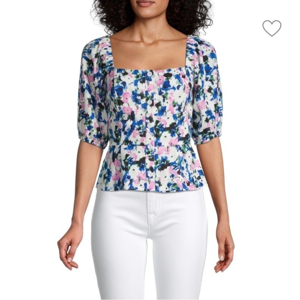 BCBGMaxAzria Blue and White Puff Sleeve Blouse​​​​​